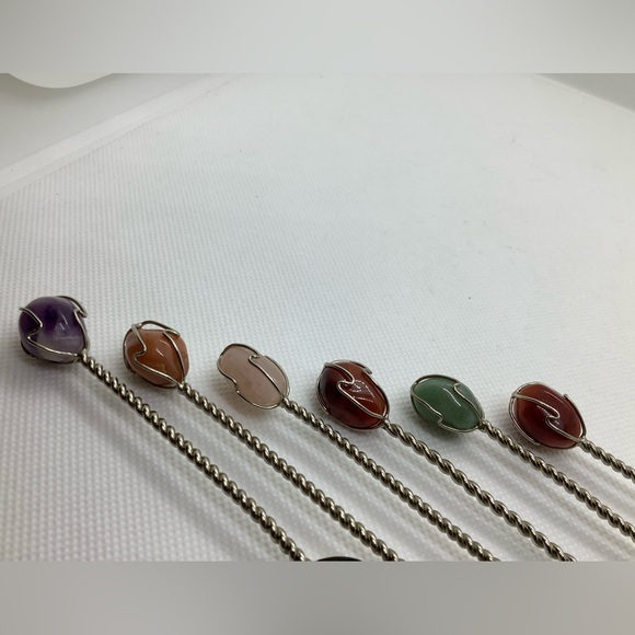 Silver Tone Twisted Semi Precious Gemstone Handle Demitasse Spoons Set of 6 - Picture 9 of 16